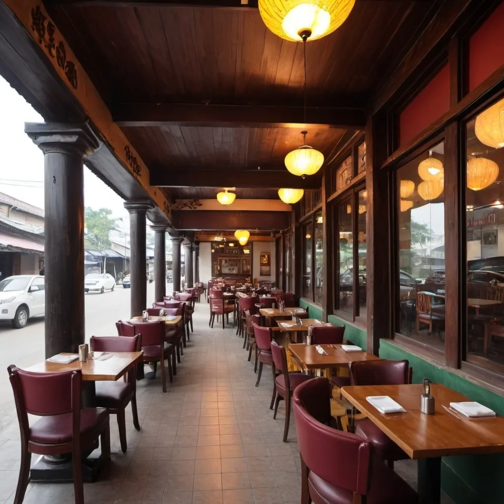 Prompt: The outside is Old Restaurant
But insIde of the restaurant is modern
Front view