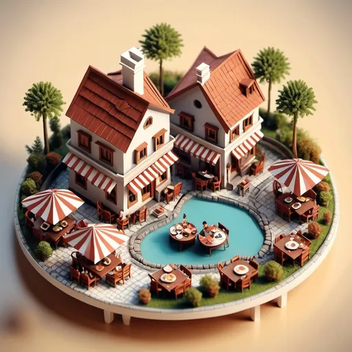 Prompt: miniature isometric world render, a vintage restaurant(ATHIRAT YATRA) surrounded by houses, city, on aa table