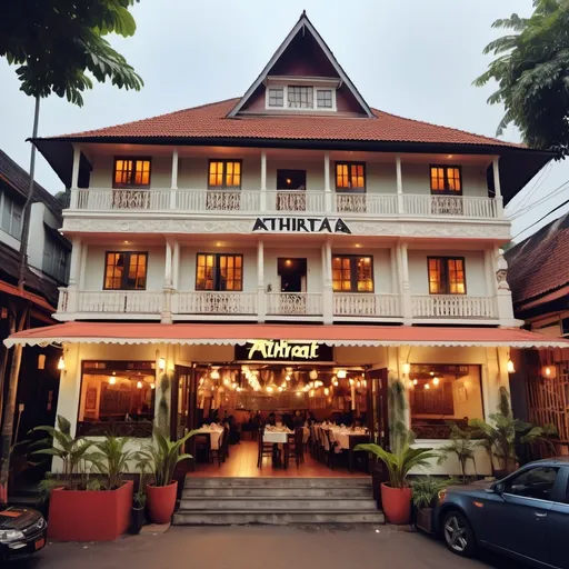 Prompt: The restaurant called "ATHIRAT YATRA"
Consist of 2 floor
The 1st floor is indoor
The 2nd floor is outdoor + love music
The restaurant vibe is vintage restaurant
The type of the restaurant is Dutch and Indonesia building