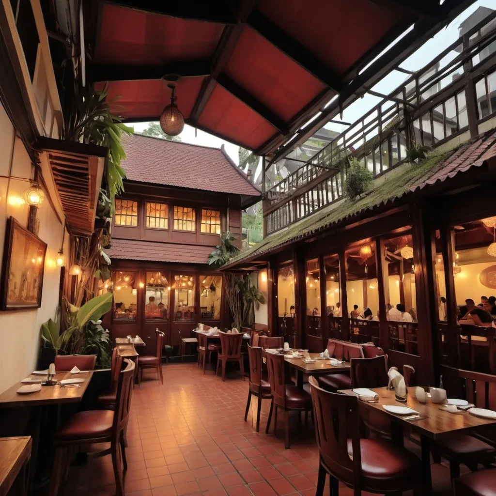 Prompt: The restaurant called "ATHIRAT YATRA"
Consist of 2 floor
The 1st floor is indoor
The 2nd floor is outdoor + love music
The restaurant vibe is vintage restaurant
The type of the restaurant is Dutch and Indonesia building