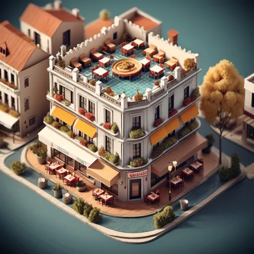 Prompt: miniature isometric world render, a vintage restaurant(ATHIRAT YATRA) surrounded by houses, city, on aa table