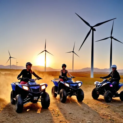 Prompt: Quad biking tour, sunset, wind turbines, mountains, nature 