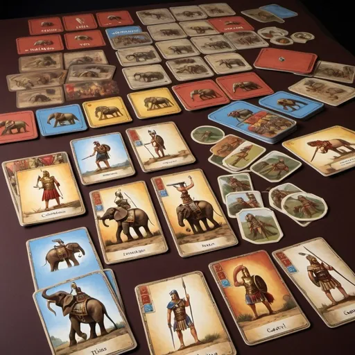 Prompt: A card game in the style of vanguard about the roman republic, war elephants from carthage, cavalry from Numidia, infantry from the tribes of Iberia, Gauls set in the time of the second punic war