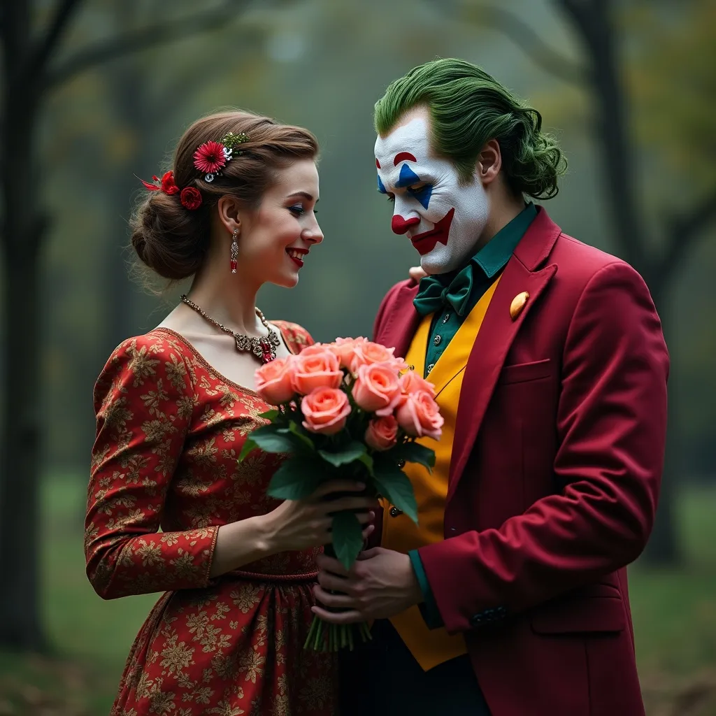 Prompt: el Joker enamorado le regala un ramo de flores a una mujer joker 