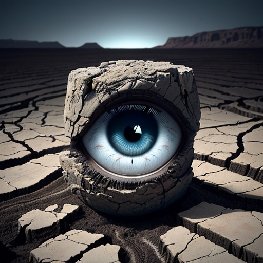 Prompt: Emerging from a desolate landscape of cracked earth, a striking blue eye peers through a jagged fissure, creating an unsettling juxtaposition between human emotion and the barren surroundings. The surrounding terrain is rough and dry, evoking a sense of drought or decay, while the vivid color of the eye draws immediate attention, conveying a profound sense of awareness and longing. The perspective focuses tightly on this singular detail, making it appear almost surreal, as if the eye belongs to a being trapped beneath the surface, yearning for escape. The lighting casts gentle shadows, enhancing the textures of the cracked soil and the smoothness of the eye, creating a striking visual contrast that captures a mood of isolation and desperation. This powerful imagery evokes contemplation about resilience and the fragility of life in harsh environments.