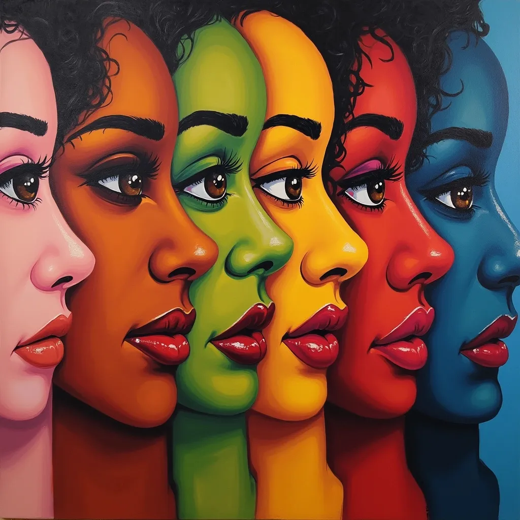 Prompt: a group of women with different colored faces and noses painted on them, all of which are different colors, Chinwe Chukwuogo-Roy, black arts movement, tristan eaton, a pop art painting