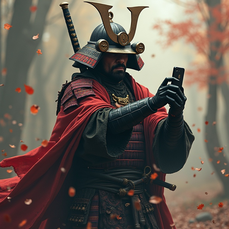 Prompt: A samurai warrior surrounded by a sword stuck in his body and with the other hand holds a mobile phone to take a photo of himself. Photorealistic