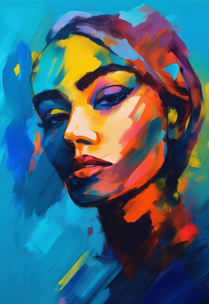 Prompt: Portrait woman, fauvism, bright colors expressive brushstrokes, backdrop soft yellow blue gradient