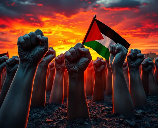 Prompt: Fantasy, surreal, somber sunset colors, many hands anchored to the ground, fists clenched with the Palestinian flag reflected on the hands.