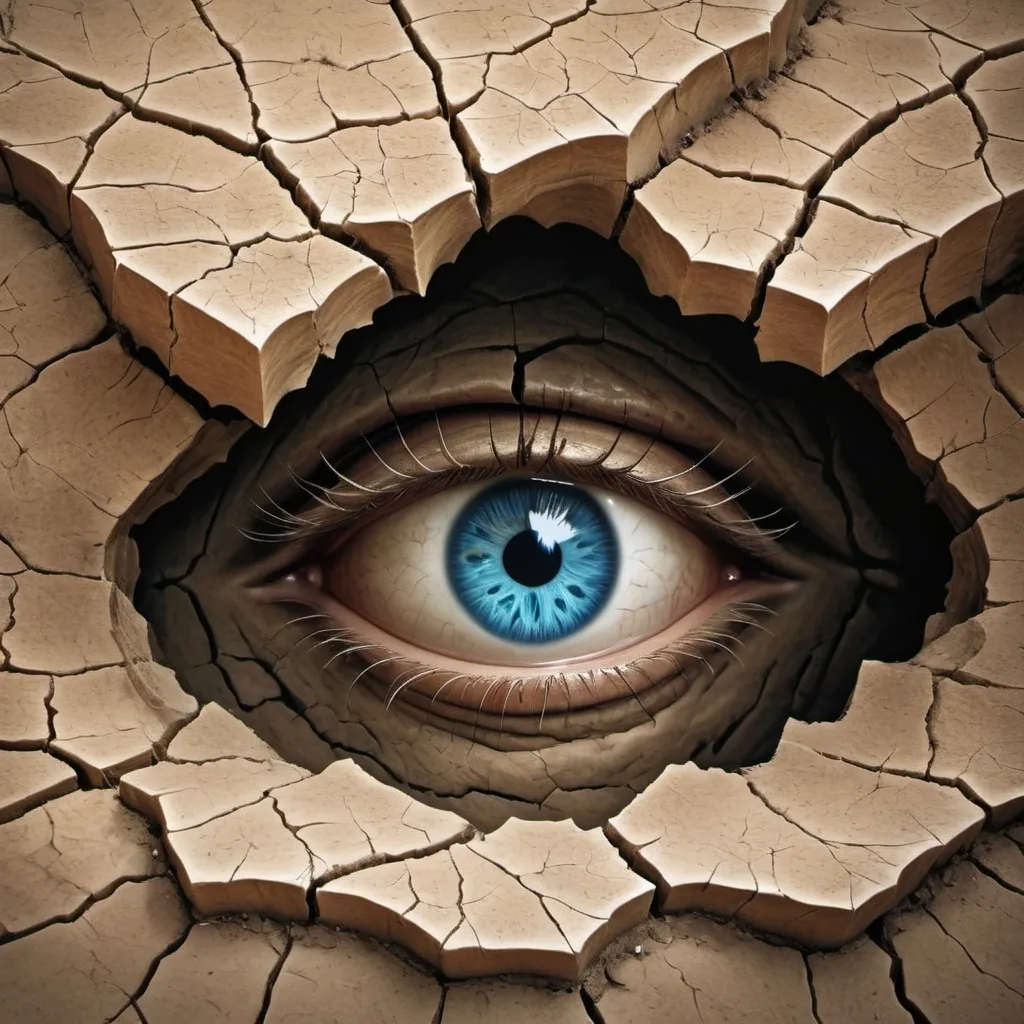 Prompt: Emerging from a desolate landscape of cracked earth, a striking blue eye peers through a jagged fissure, creating an unsettling juxtaposition between human emotion and the barren surroundings. The surrounding terrain is rough and dry, evoking a sense of drought or decay, while the vivid color of the eye draws immediate attention, conveying a profound sense of awareness and longing. The perspective focuses tightly on this singular detail, making it appear almost surreal, as if the eye belongs to a being trapped beneath the surface, yearning for escape. The lighting casts gentle shadows, enhancing the textures of the cracked soil and the smoothness of the eye, creating a striking visual contrast that captures a mood of isolation and desperation. This powerful imagery evokes contemplation about resilience and the fragility of life in harsh environments.