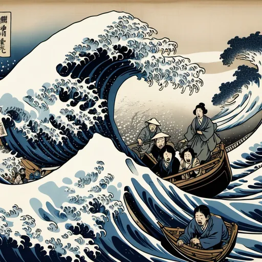 Prompt: People fleeing in fear from the Great Wave off Kanagawa