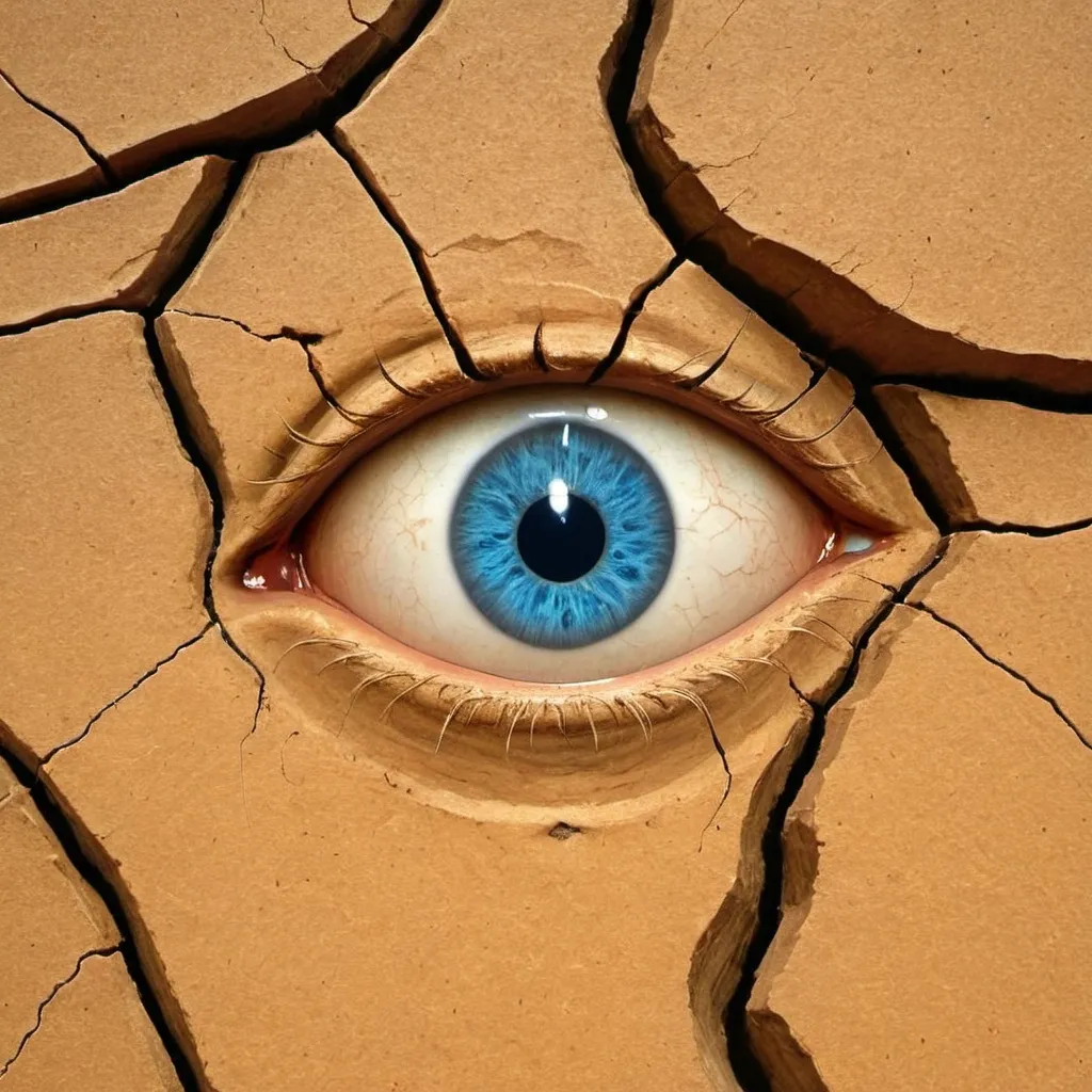 Prompt: Emerging from a desolate landscape of cracked earth, a striking blue eye peers through a jagged fissure, creating an unsettling juxtaposition between human emotion and the barren surroundings. The surrounding terrain is rough and dry, evoking a sense of drought or decay, while the vivid color of the eye draws immediate attention, conveying a profound sense of awareness and longing. The perspective focuses tightly on this singular detail, making it appear almost surreal, as if the eye belongs to a being trapped beneath the surface, yearning for escape. The lighting casts gentle shadows, enhancing the textures of the cracked soil and the smoothness of the eye, creating a striking visual contrast that captures a mood of isolation and desperation. This powerful imagery evokes contemplation about resilience and the fragility of life in harsh environments.