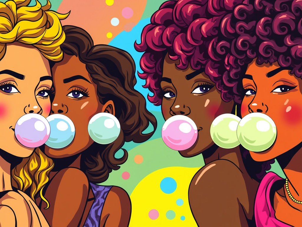 Prompt: Four African-American women blowing bubbles of chewing gum, each a different color, just like bubbles.