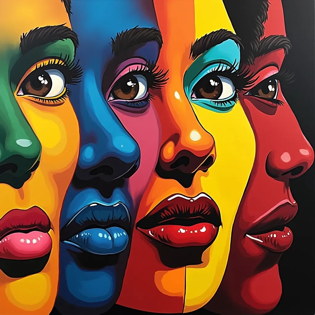Prompt: pop art a group of women with different colored faces and noses painted on them, all of which are different colors, Chinwe Chukwuogo-Roy, black arts movement, tristan eaton, a pop art painting