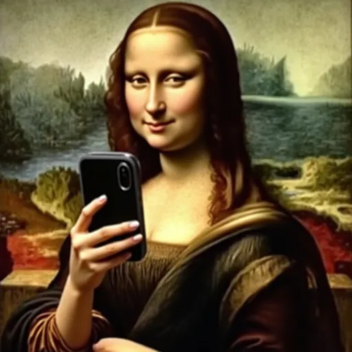 Prompt: The Mona Lisa with the phone in her hand taking a picture of herself