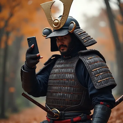 Prompt: A samurai warrior taking a picture of himself with mobile phone