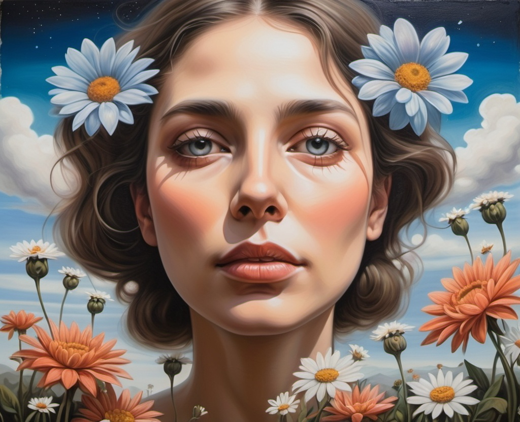 Prompt: a painting of a woman's face with flowers in the foreground and a sky in the background, Art & Language, metaphysical painting, organic painting,surrealism