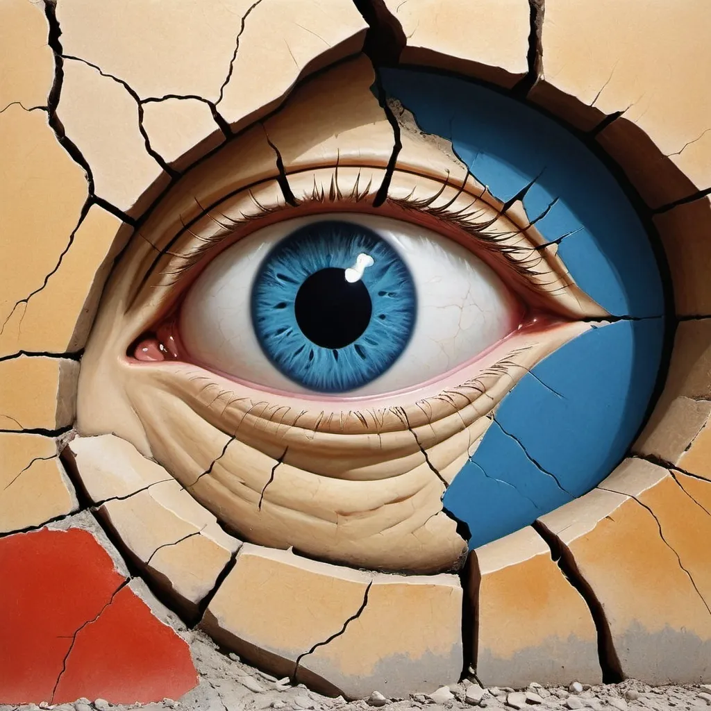 Prompt: Emerging from a desolate landscape of cracked earth, a striking blue eye peers through a jagged fissure, creating an unsettling juxtaposition between human emotion and the barren surroundings. The surrounding terrain is rough and dry, evoking a sense of drought or decay, while the vivid color of the eye draws immediate attention, conveying a profound sense of awareness and longing. The perspective focuses tightly on this singular detail, making it appear almost surreal, as if the eye belongs to a being trapped beneath the surface, yearning for escape. The lighting casts gentle shadows, enhancing the textures of the cracked soil and the smoothness of the eye, creating a striking visual contrast that captures a mood of isolation and desperation. This powerful imagery evokes contemplation about resilience and the fragility of life in harsh environments.