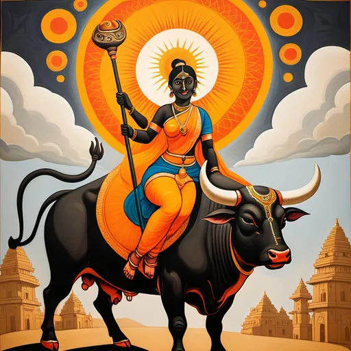 Prompt: a painting of a woman riding a bull with a staff on it's back and a sun above her head, Ella Guru, samikshavad, maya, an illustration of