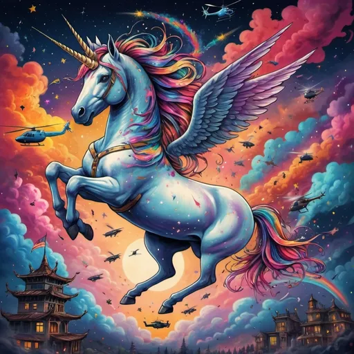 Prompt: Tattoo of colorfull unicorn with ponytail jumping out of a helicopter with additional helicopters