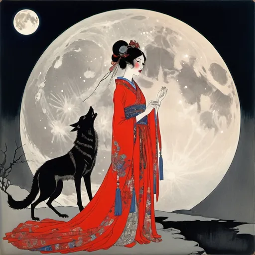 Prompt: a woman in a red dress by Harry Clarke, stunning moonlight and shadows, persian folktale artstyle, glamorous geisha, the wolf howls at the moon, Art Deco, in front of a pale full moon, taschen