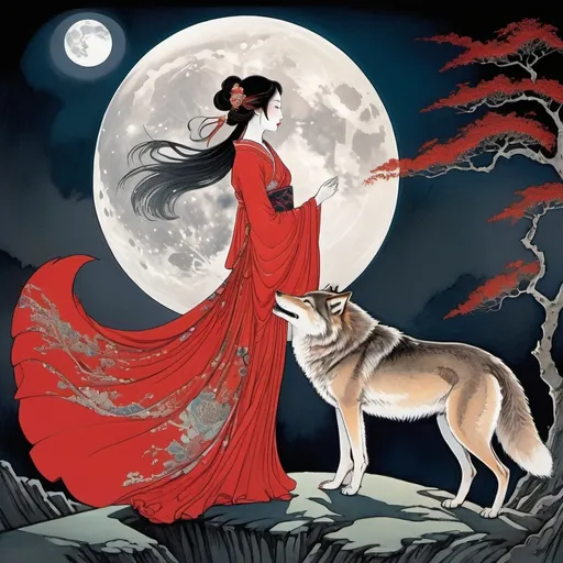 Prompt: a woman in a red dress by Harry Clarke, stunning moonlight and shadows, persian folktale artstyle, glamorous geisha, the wolf howls at the moon, Art Deco, in front of a pale full moon, taschen