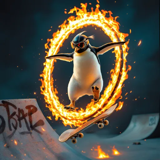 Prompt: A penguin riding a skate board through a hoop thats on fire




