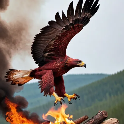 Prompt: A crimson eagle flying above a fire