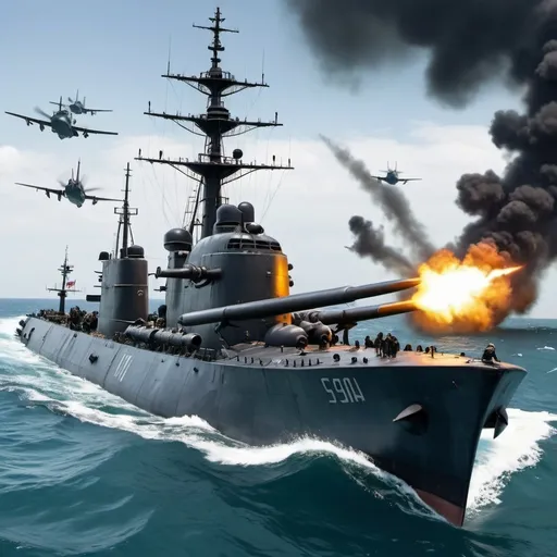 Prompt: Sea military team attacks pirates team with her ships, but sea military have planes and sinks enemy submarine, but sea military also have submarine