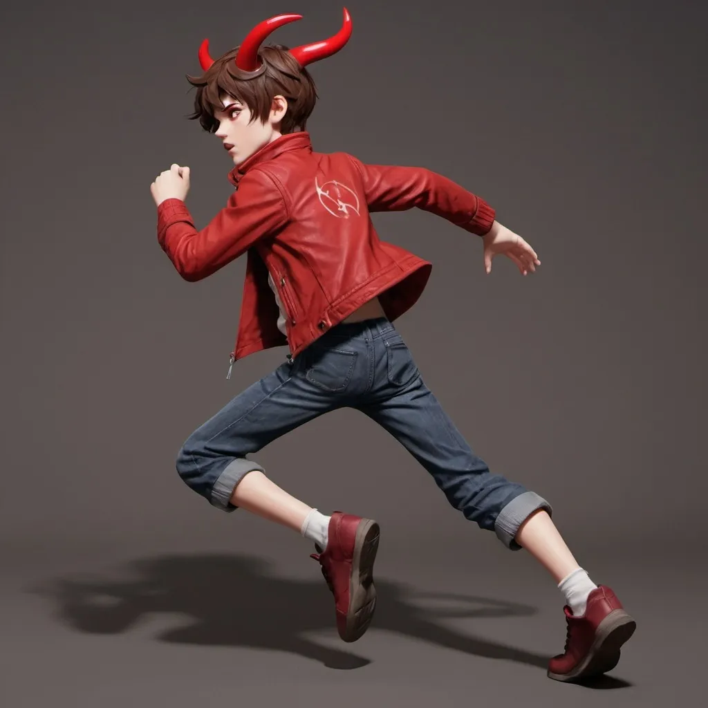 Prompt: Boy with chaos powers short brown hair and short red horns a red jacket with back insides thats running