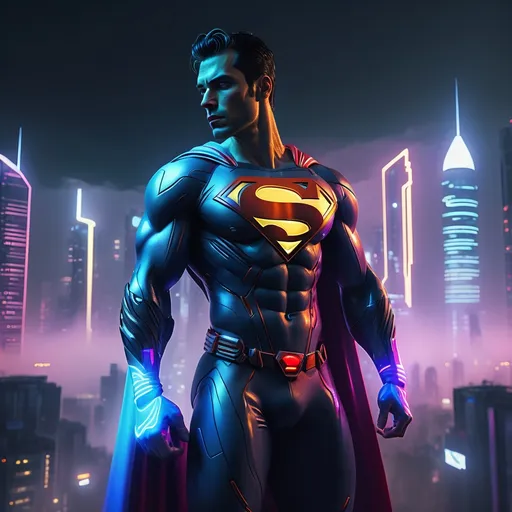 Prompt: (Super Man Cyberpunk), futuristic city skyline, neon lights, vibrant colors, sleek metallic suit, glowing accents, intense expression, night setting, dynamic pose, urban environment, cybernetic enhancements, cinematic depth, high tech gadgets, atmospheric fog, gritty details, ultra-detailed, 4K.