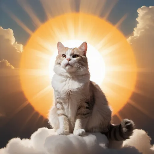 Prompt: a cat sitting in the middle of a cloud and the sun is behind it