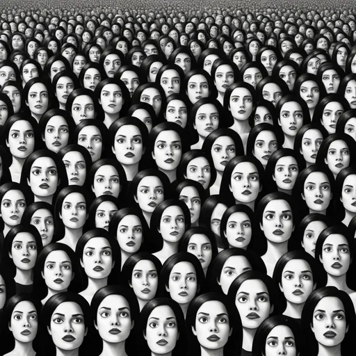 Prompt: Thousands heads of a black and white woman looking up to the right, but it looks like they’re drawn.
The woman heads looks like they’re stacked on top of each other