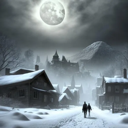 Prompt: picture of a town covered in snow with a ominous and heavy aura as the holidays approach with a looming humanoid shadow over the horizon