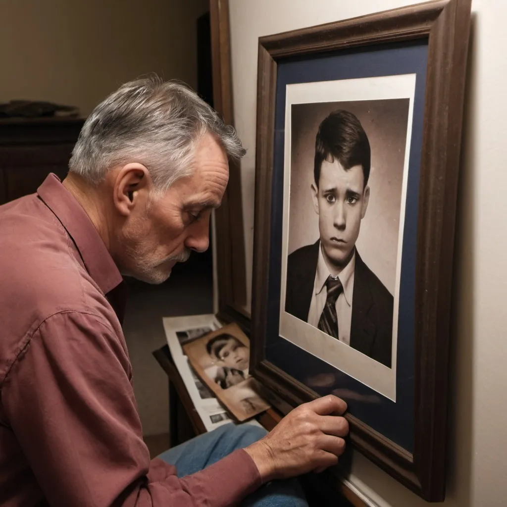 Prompt: Father looks at dusty framed pictures of his son that has been alienated from him with sad longing eyes and tears. 