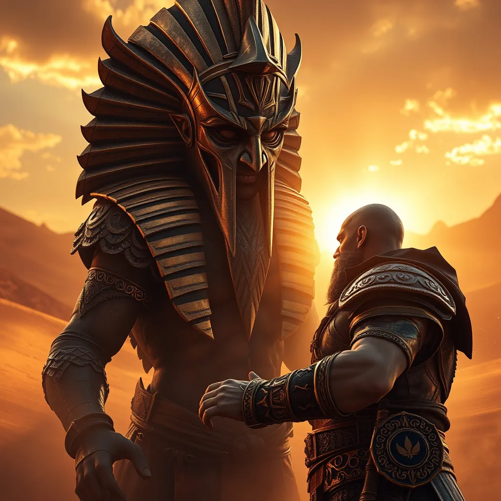 Prompt: Kratos facing an (imposing Egyptian boss god) in an epic showdown, (desert sands) swirling around them, illuminated by a (golden sunset) casting dramatic shadows, charged atmosphere, intense expressions, fierce gaze, dynamic poses, intricately designed mythical armor, high-quality 4K, exhilarating battle spirit in a cinematic style.