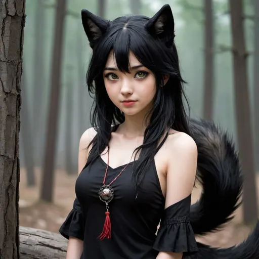 Prompt: a wolf girl with black hair and a tail