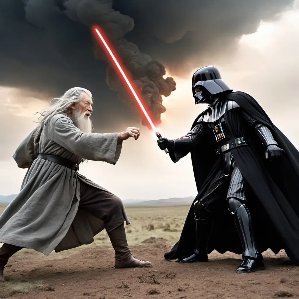 Prompt: Gandalf fight Darth Vader on the plains of Mordor