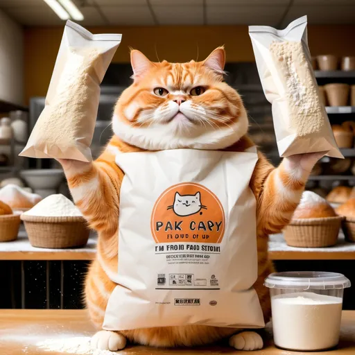 Prompt: A fat orange cat holding a bag of flour with 2 hands up 
in a bakery