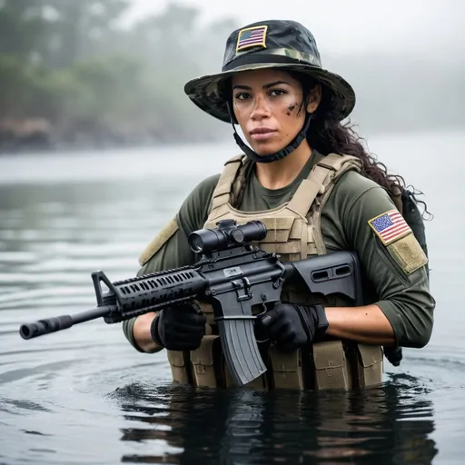 Prompt: Strikingly beautiful Biracial female Hispanic navy seal in full tactical gear emerging from water holding her rifle and wearing a booney hat. There is a thin layer of fog on the water