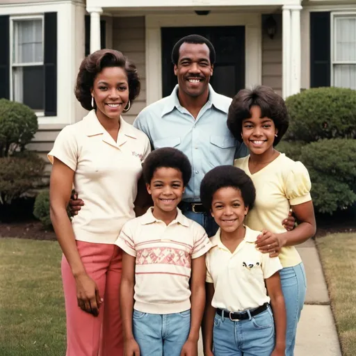 Prompt: 1980's conservative African American married couple of 3 kids standing in front of a suburban home smiling