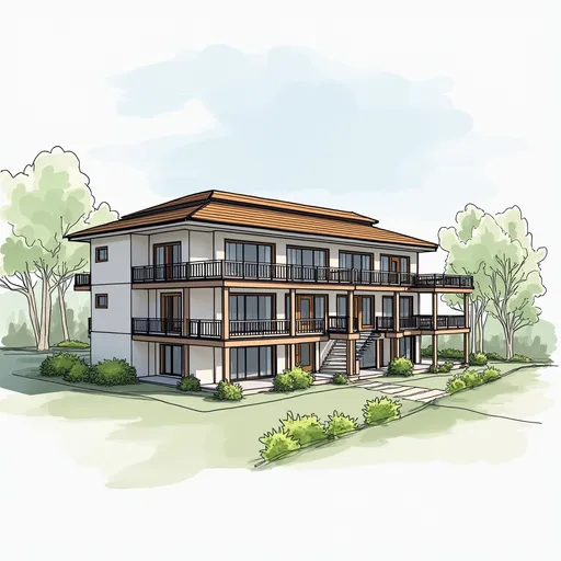 Prompt: Make me a 3-storey building with roof, with an area of 300m². First floor is for reception, dinning and waiting area. Second floor is for the rooms. Third floor is for leisure. Make it as CAD floor plan. I need Perspective Plan, Floor Plan, Elevation, General Specifications, Foundation/ Framing Plan, Schedule of Beams and Columns and Schedule of Doors and Windows"