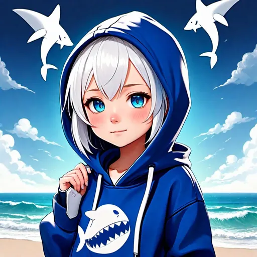 Prompt: Gawrgura vtuber, a cute anime girl with white hair and blue hoodie, shark-related abstract art on clothes, natural sea theme background, 2d art, atlantean, smol bubs, shin umiushi art