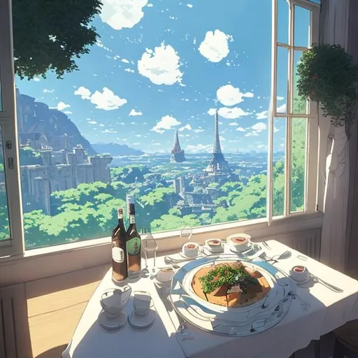 Prompt: Elegant french dishes, upside down view, makoto shinkai