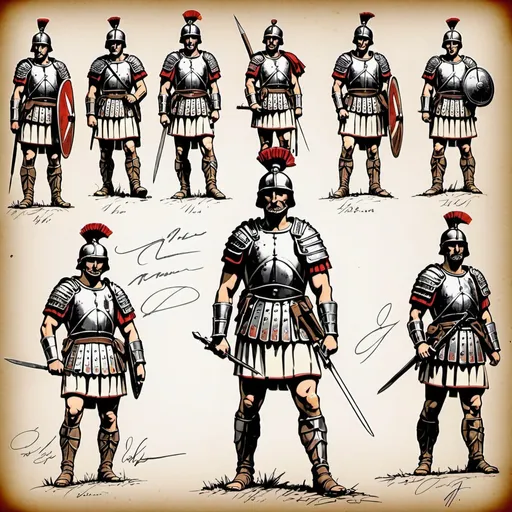 Prompt: Full body of only 1 Roman Infantry, modern era, handwriting military sketch,