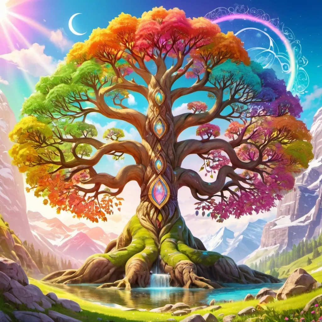 Prompt: Yggdrasil tree, fantasy, nordic mythology theme, enormous, gigantic, colorful, a lot of light, aura, lively, naturally, a little mystery