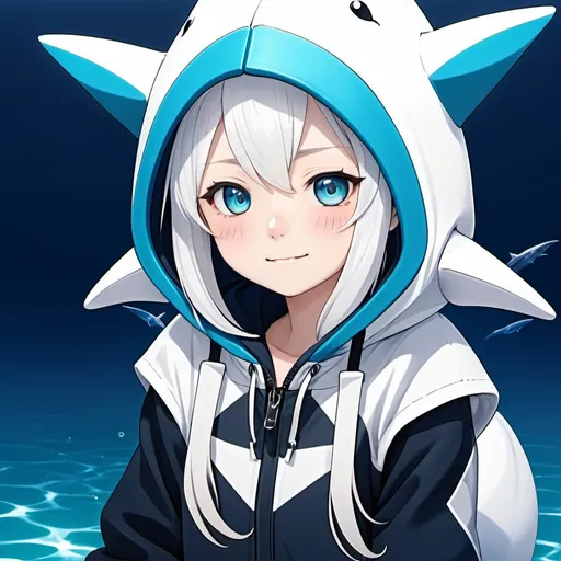 Prompt: ((Gawrgura)) (vtuber), anime style, a young girl with white hair, wearing a blue shark hood-style hat with fins flanking her face, white triangular outline the hood opening, Amashiro Natsuki style