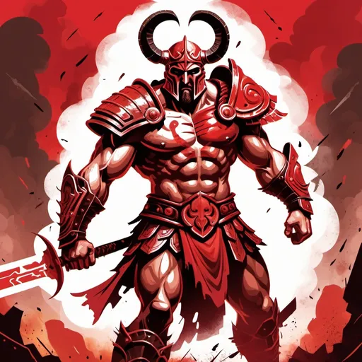 Prompt: ares, god of war, chaos, deadly, hot-tempered, uncalmly, on the battlefield, red palette, greece mythology, splash art style