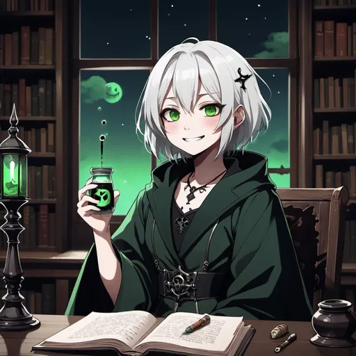 Prompt: A waist-up picture of a 2d anime girl, young, white hair, green sleepless eyes, gothic oversize clothes style with overcoat, smol bubs, holding a small poisonous vial on hand, in a library, sitting at a table, next to a window, the window is on the side, at night, darktheme, moonlight from the window, creepy smile, degital art