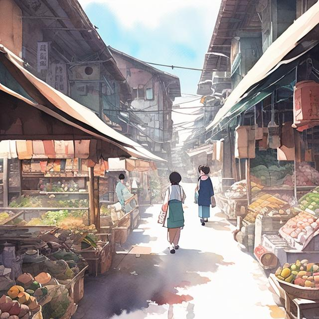 Prompt: Ancient market, studio ghibli + makoto shinkai + gouache + watercolor